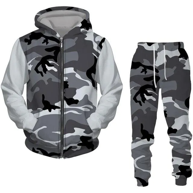 2 Pieces Sets Zipper Tracksuit Men Sweatshirt pants Hoodie Sportwear Suit Male Camouflage Joggers Winter Sets Clothes