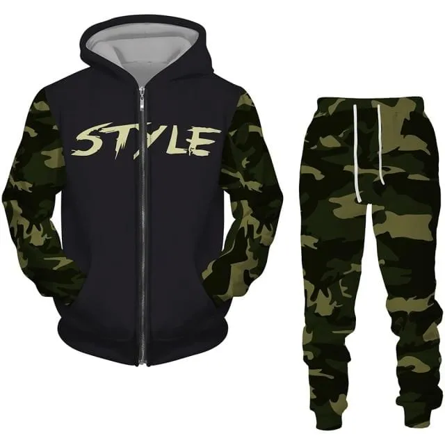 2 Pieces Sets Zipper Tracksuit Men Sweatshirt pants Hoodie Sportwear Suit Male Camouflage Joggers Winter Sets Clothes