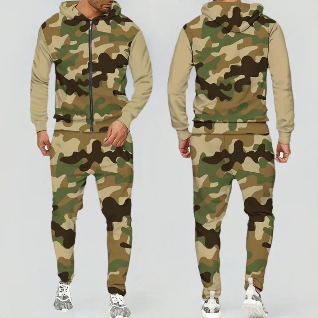 2 Pieces Sets Zipper Tracksuit Men Sweatshirt pants Hoodie Sportwear Suit Male Camouflage Joggers Winter Sets Clothes