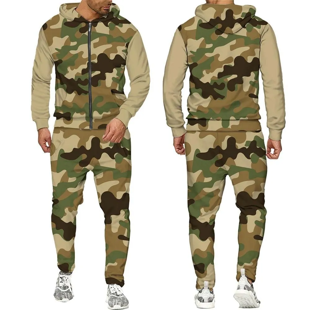 2 Pieces Sets Zipper Tracksuit Men Sweatshirt pants Hoodie Sportwear Suit Male Camouflage Joggers Winter Sets Clothes