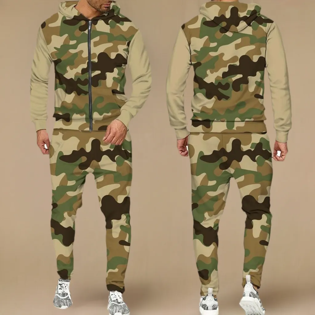 2 Pieces Sets Zipper Tracksuit Men Sweatshirt pants Hoodie Sportwear Suit Male Camouflage Joggers Winter Sets Clothes