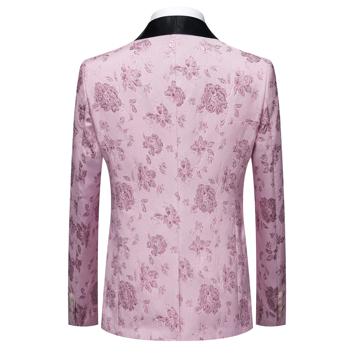 3-Piece Mens Floral Suit Slim Fit 1 Button Shawl Collar Suit Pink