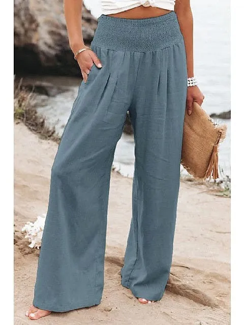 Apple Green and Black Women's Wide Leg Linen Pants