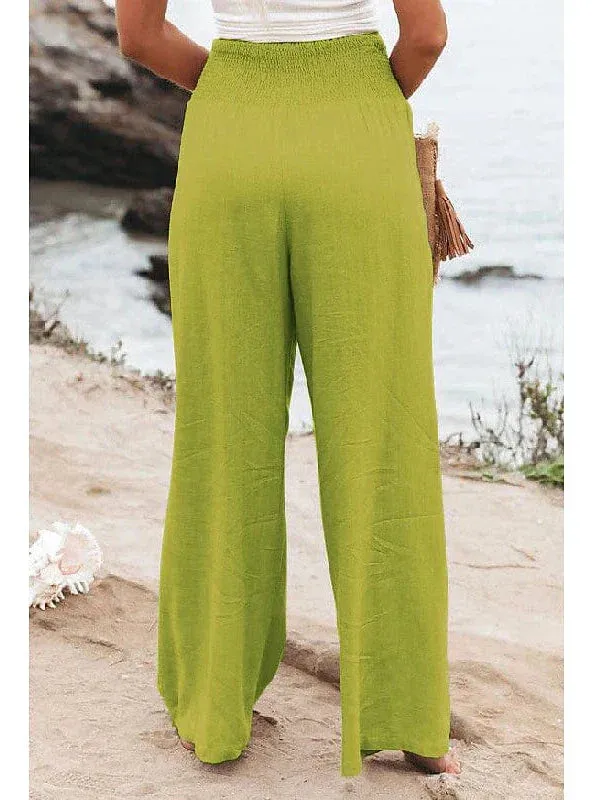 Apple Green and Black Women's Wide Leg Linen Pants