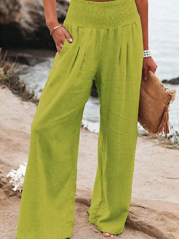 Apple Green and Black Women's Wide Leg Linen Pants