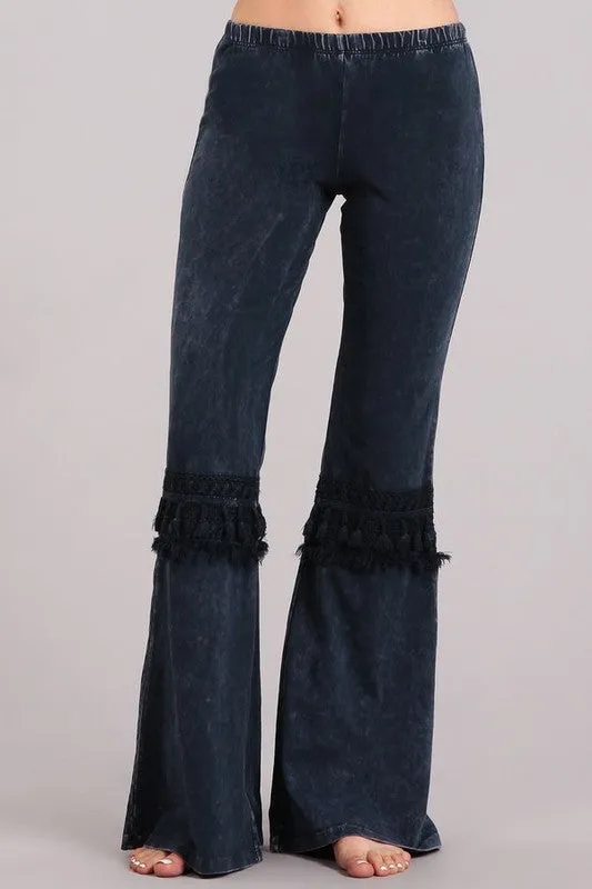 Bell Bottom Pants with Fringed Crochet Lace - Navy