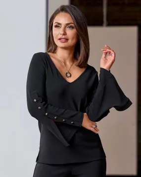 Beyond Travel V-Neck Button Detail Bell Sleeve Top Jet Black