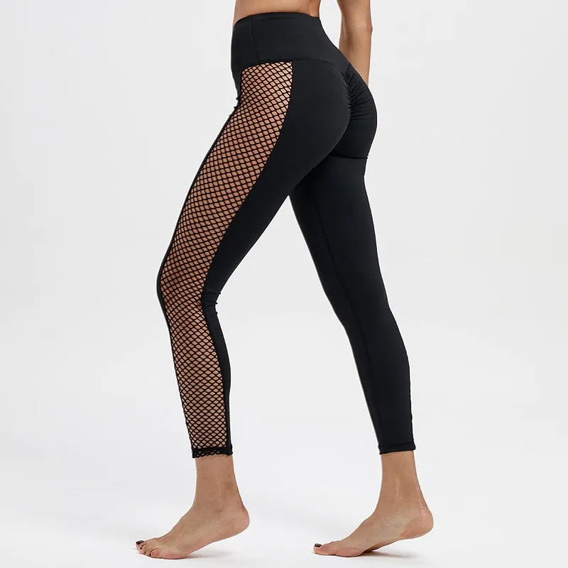 Black High Waisted Leggings with Fishnet Patchwork Side Inserts Angelina_sale