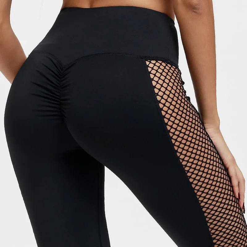 Black High Waisted Leggings with Fishnet Patchwork Side Inserts Angelina_sale