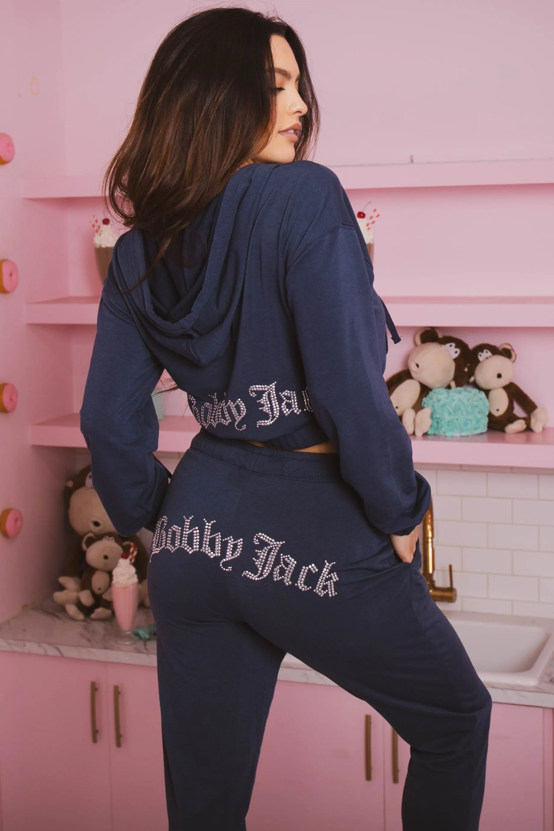 Bobby Jack Rhinestone Hoodie & Pant Set  - Navy