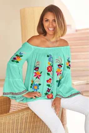 Bright Floral Embroidered Tiered Sleeve Off The Shoulder Blouse Mint Multi