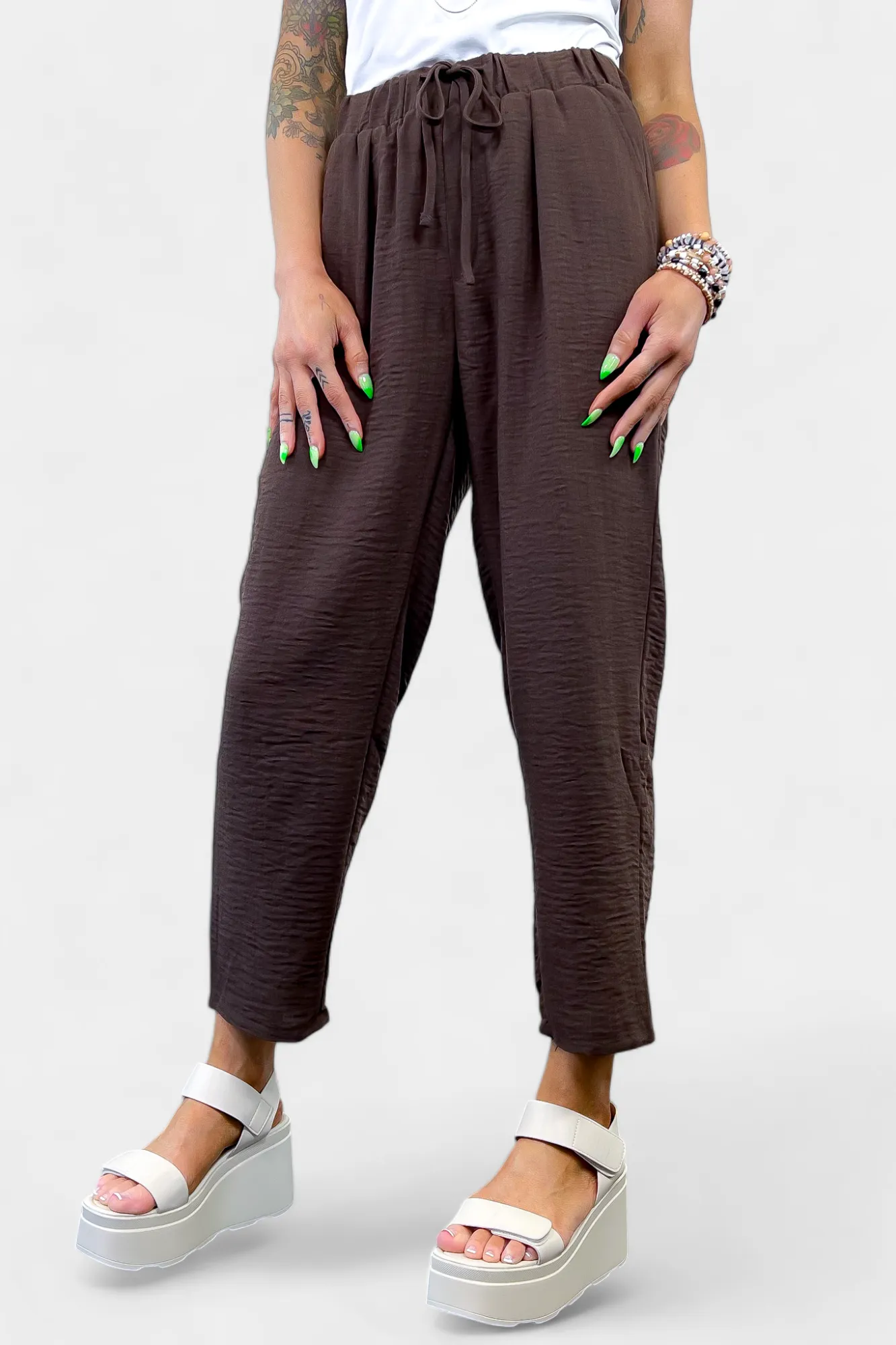 Brown Drawstring Crop Pants