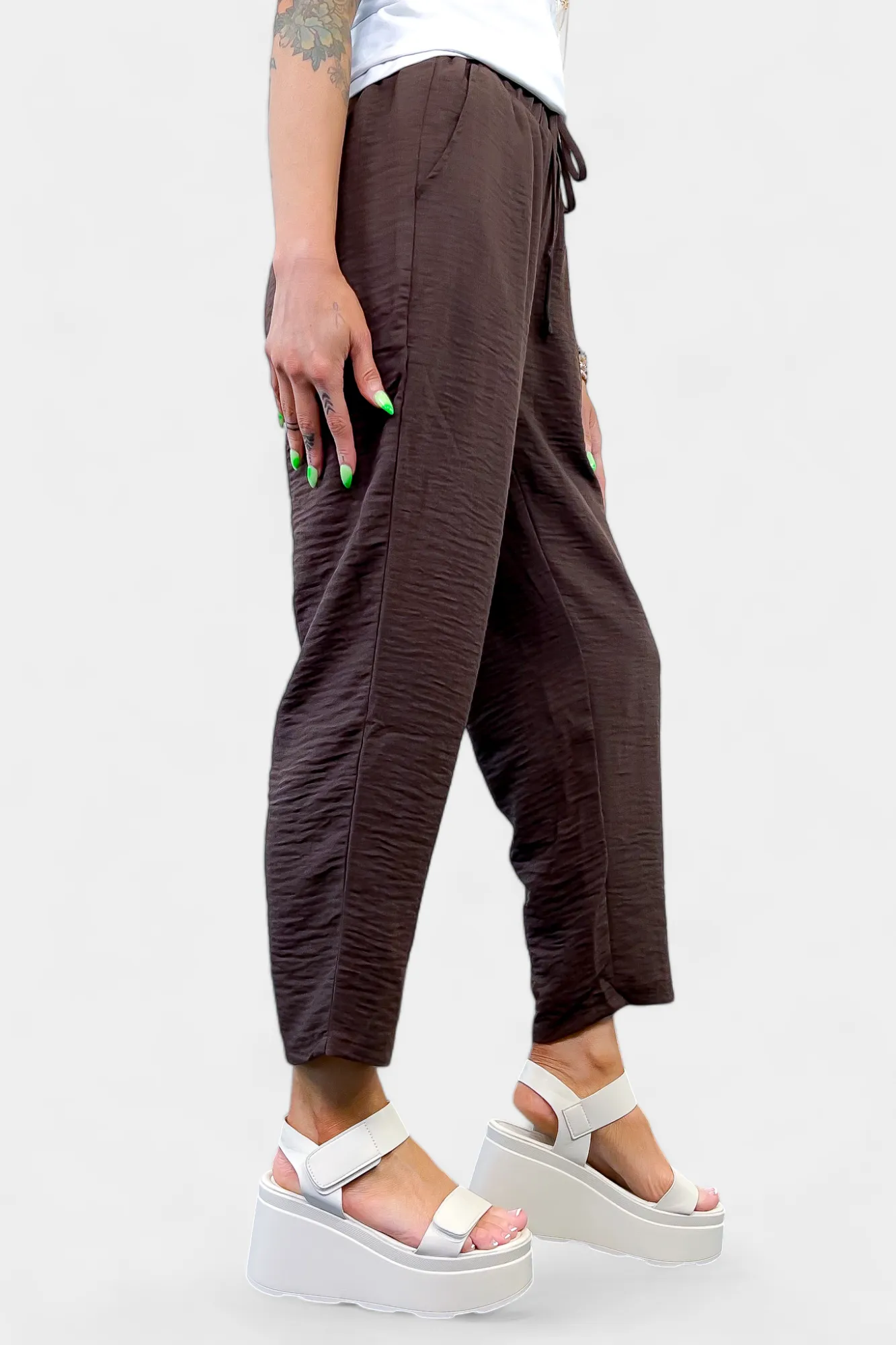 Brown Drawstring Crop Pants