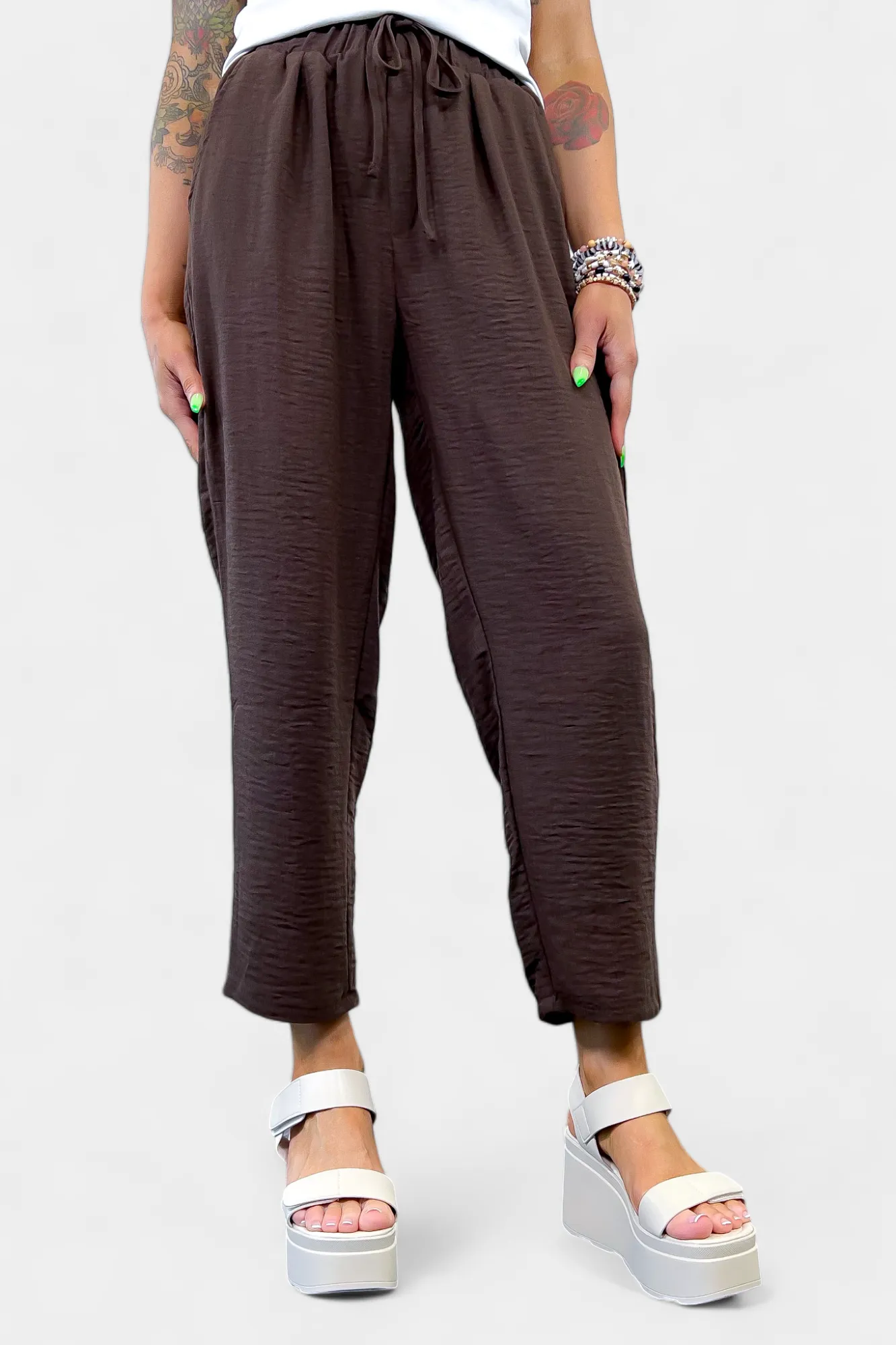 Brown Drawstring Crop Pants