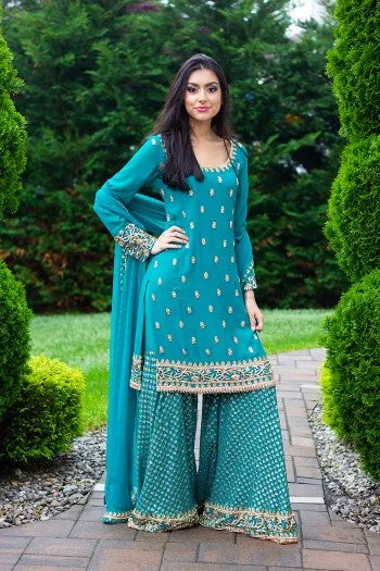 Buy Teal Green Embroidered Sharara | Clearance