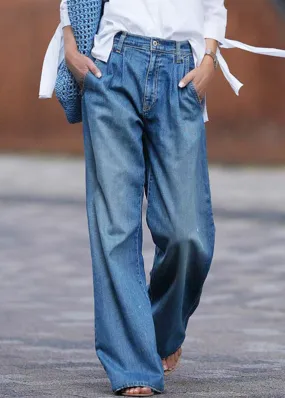 Casual Blue Pockets Denim Wide Leg Pants Spring QQ1065