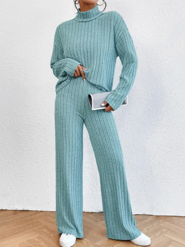 Casual high collar knitted long sleeve women's knitted two-piece set