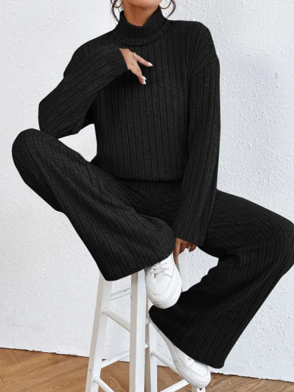 Casual high collar knitted long sleeve women's knitted two-piece set