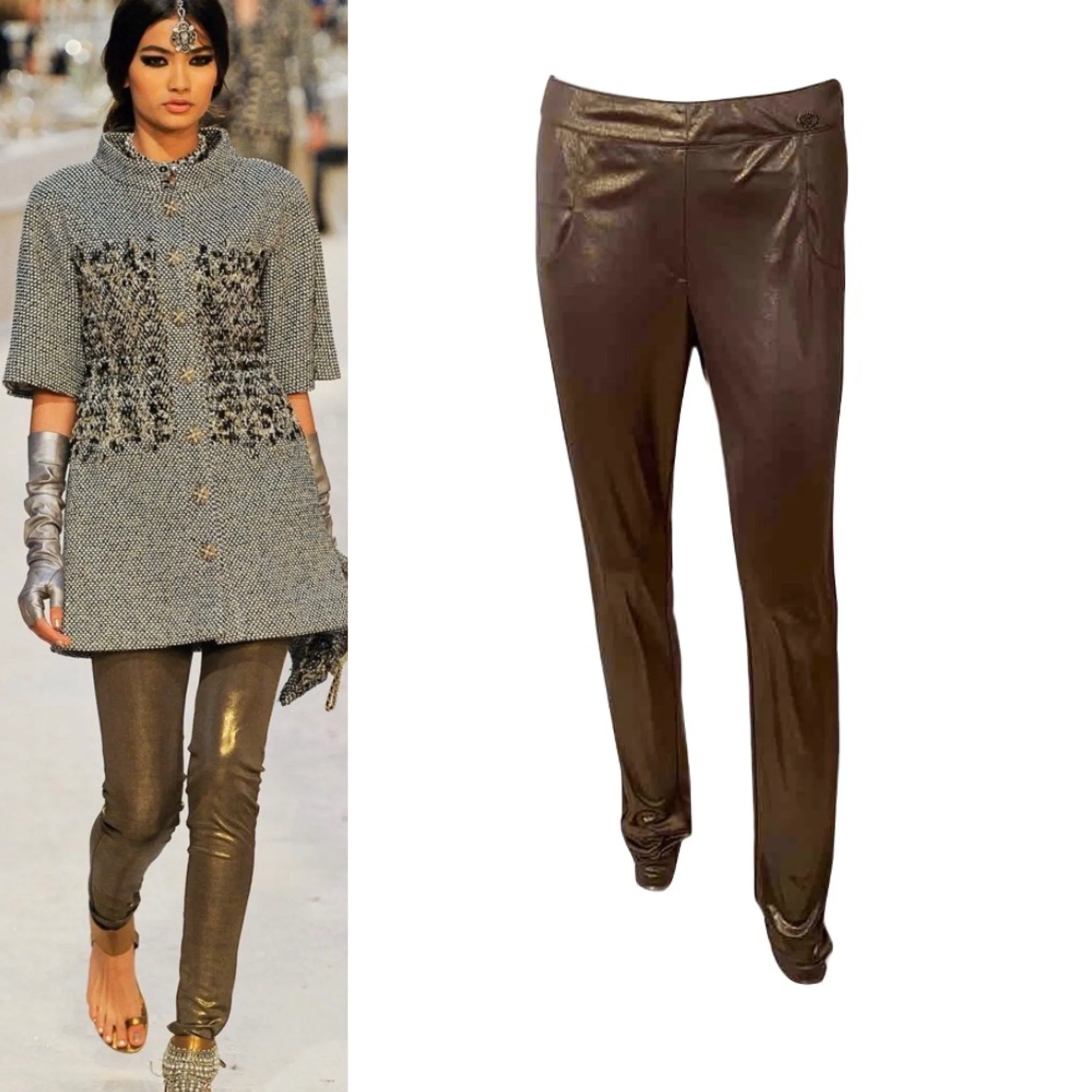 Chanel 12A, 2012 Paris Bombay Fall Stretchy Gold Metallic Pants Leggings FR 38 US 4/6