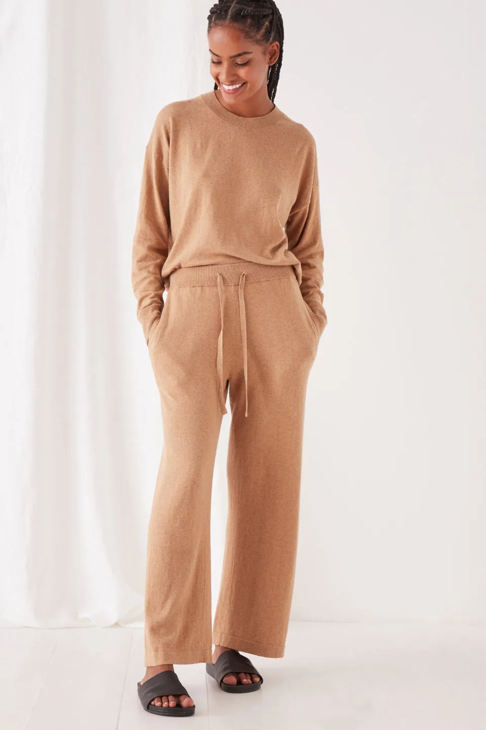 Cotton Cashmere Wide Leg Taupe Pant