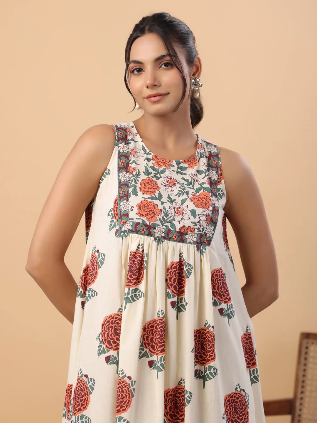 Cream Cotton Floral Gathered A-Line Kurta Set