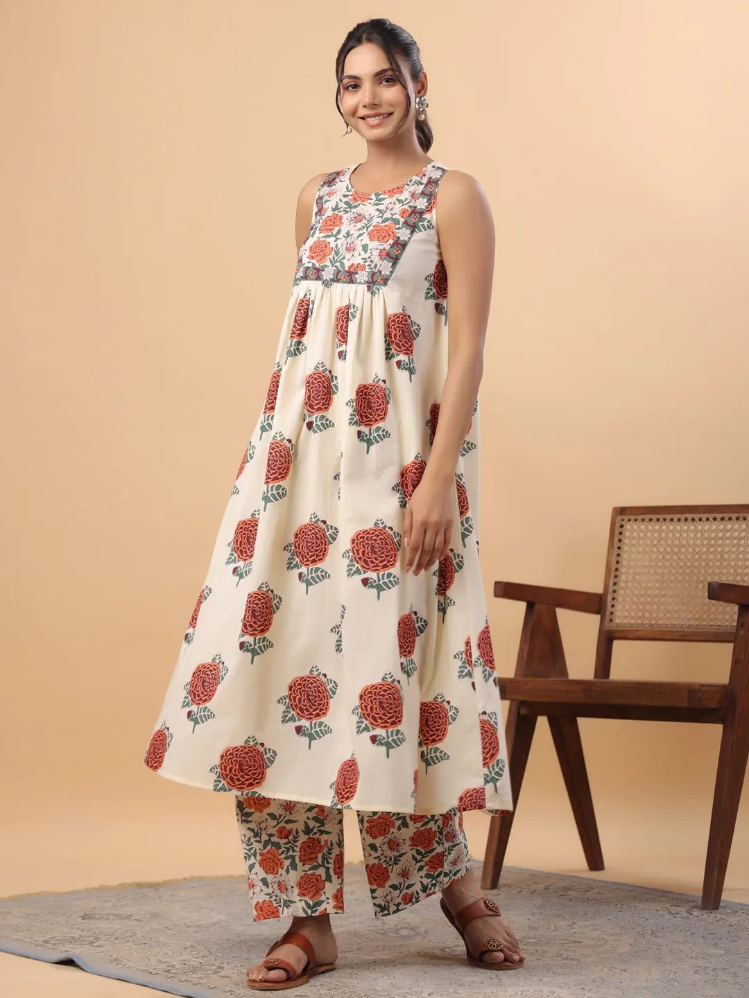 Cream Cotton Floral Gathered A-Line Kurta Set