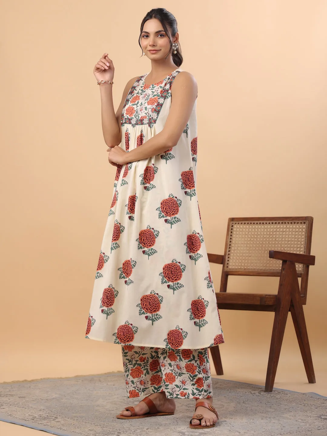 Cream Cotton Floral Gathered A-Line Kurta Set