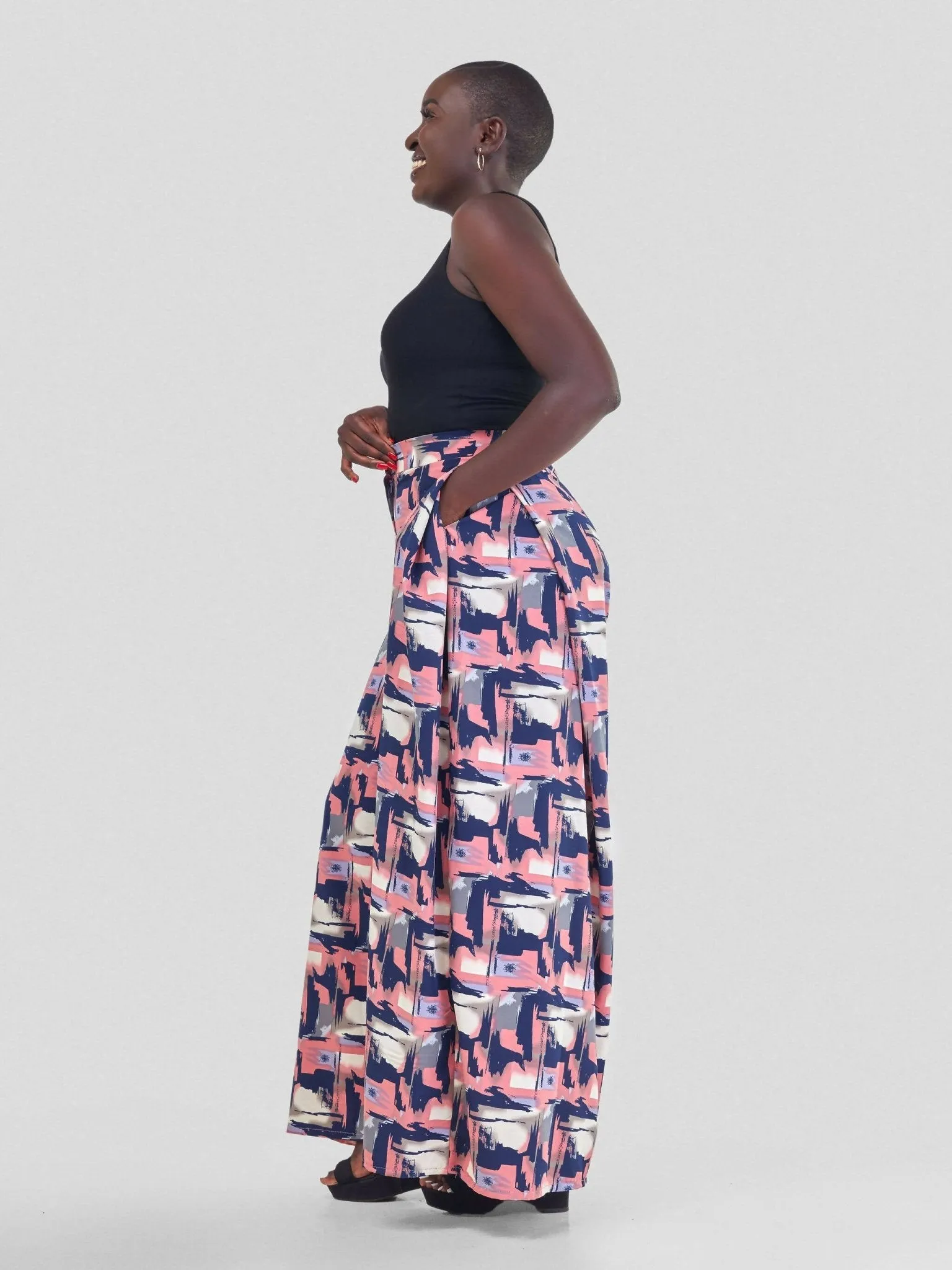 Curves BD Kipepeo Wide Leg Pants - Navy Blue / Peach Print