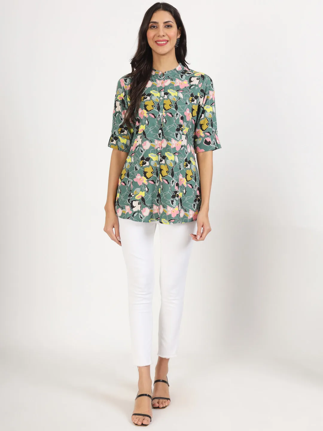 Divena Green Pink Floral Printed Rayon Top