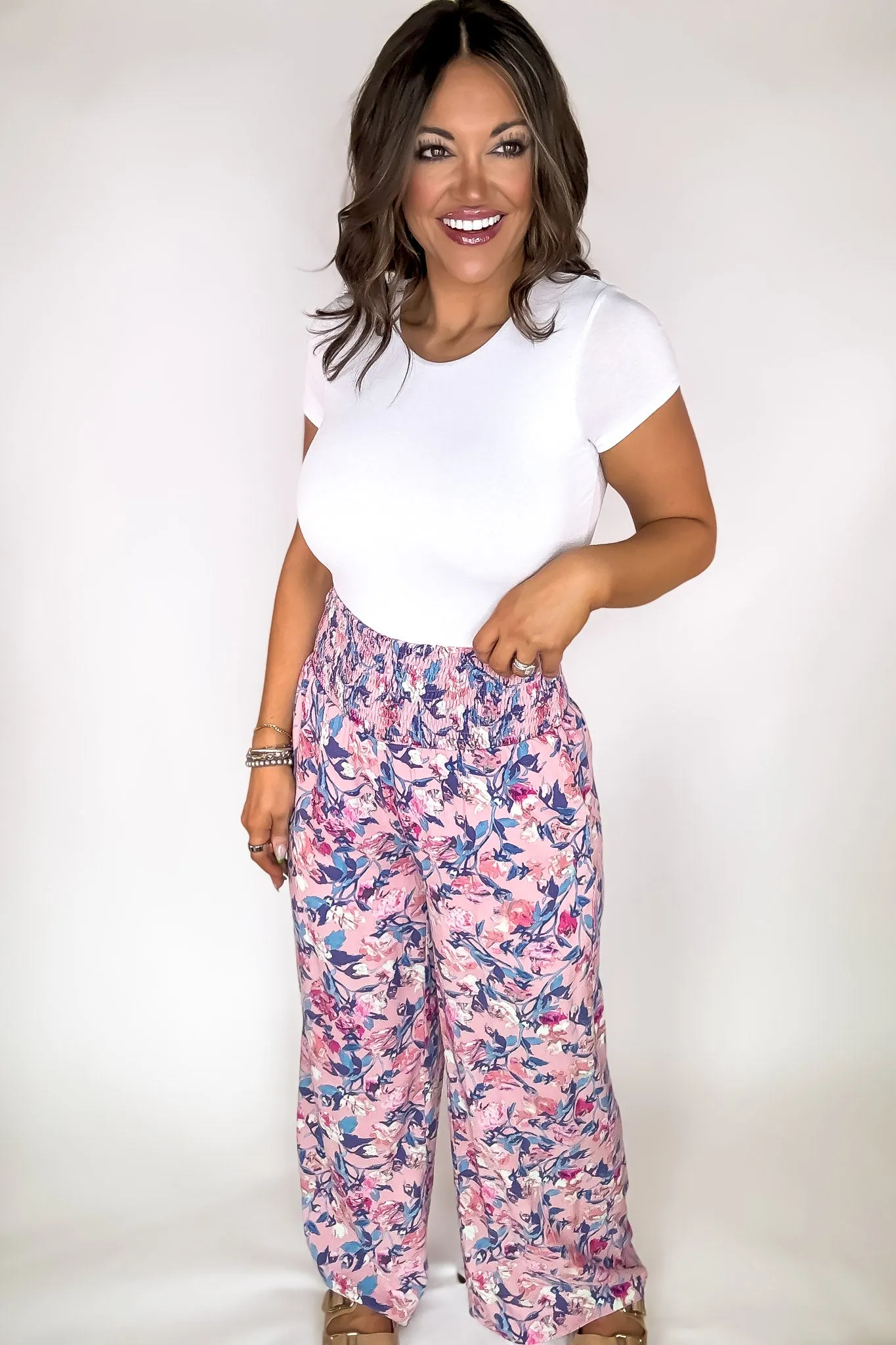 Exclusive Floral Print Smocked Flowy Pants