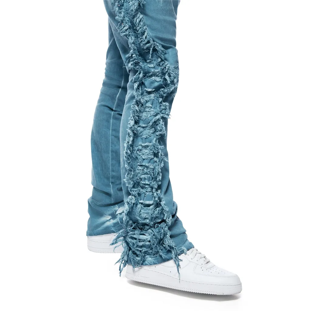 Frayed Stacked Pigment Dyed Pants - Cool Blue