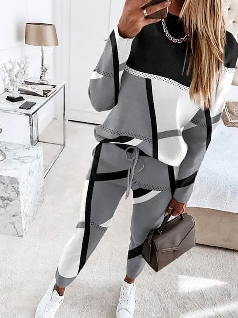 Geometric Color Block Women's Sweatshirt Tracksuit Pants Set