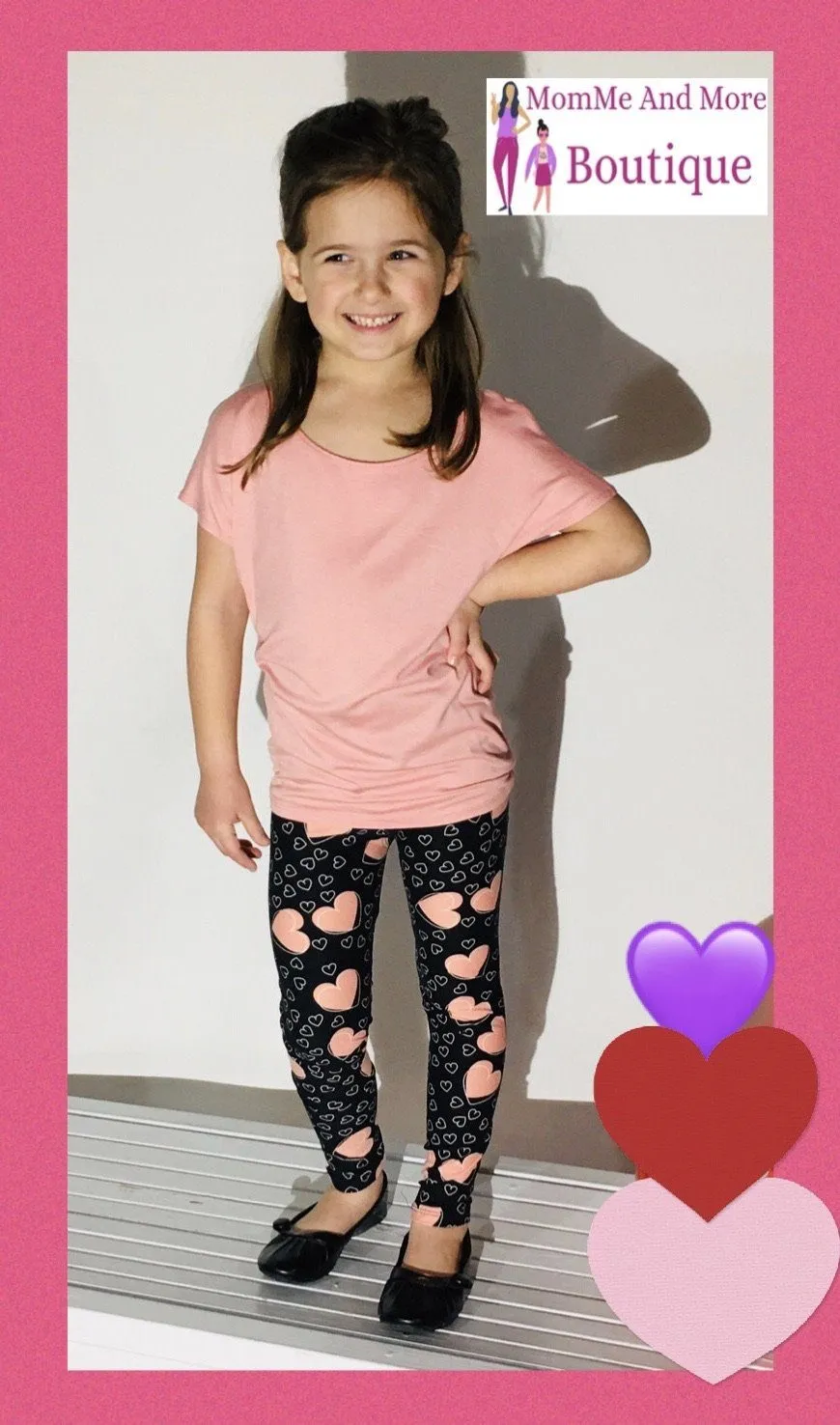 Girls Valentines Day Heart Leggings, Kids Yoga Pants, Sizes S/L, No-Roll Waist, Pink