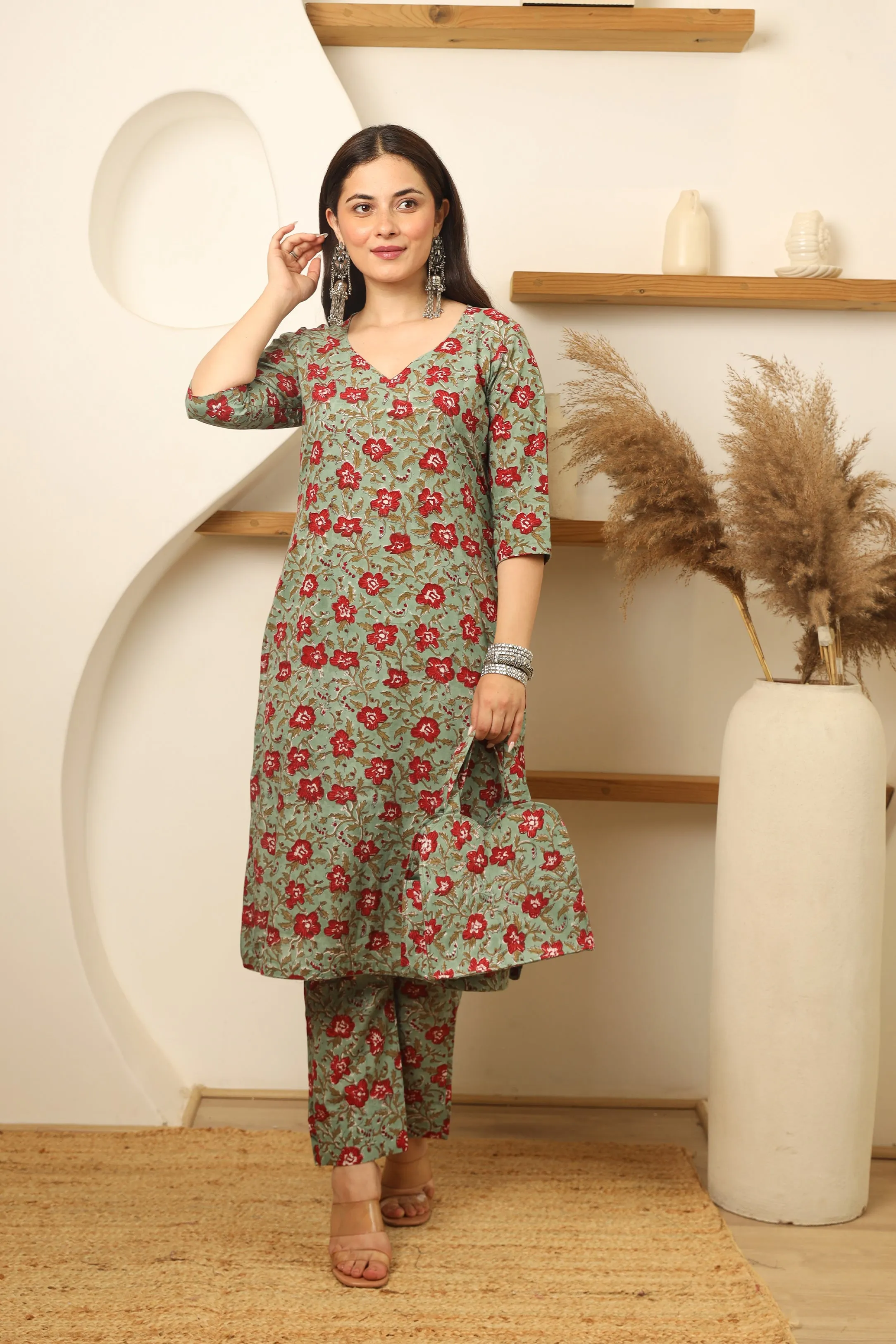 Green Red Flowery Cotton Handblock Print Suit Set