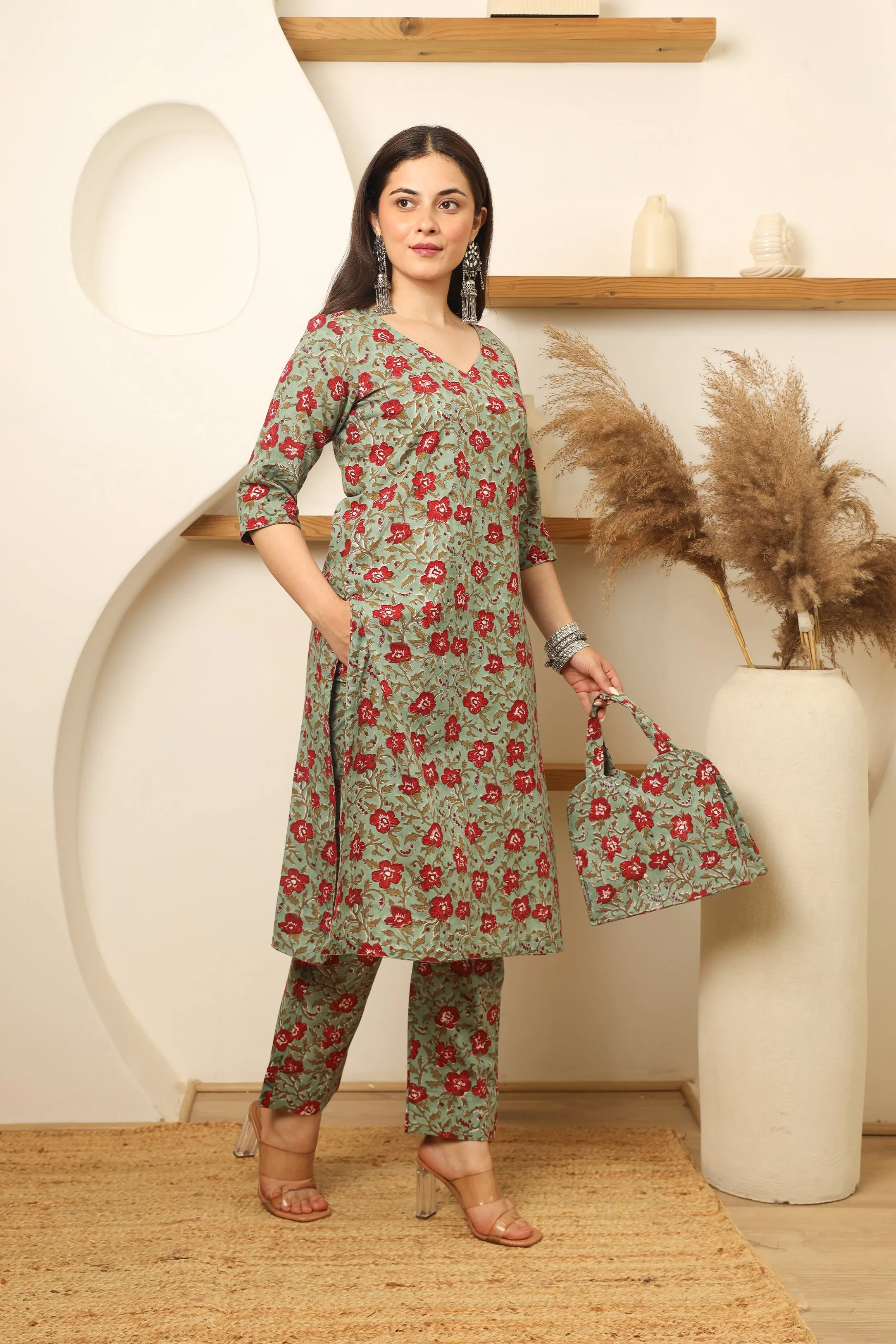 Green Red Flowery Cotton Handblock Print Suit Set