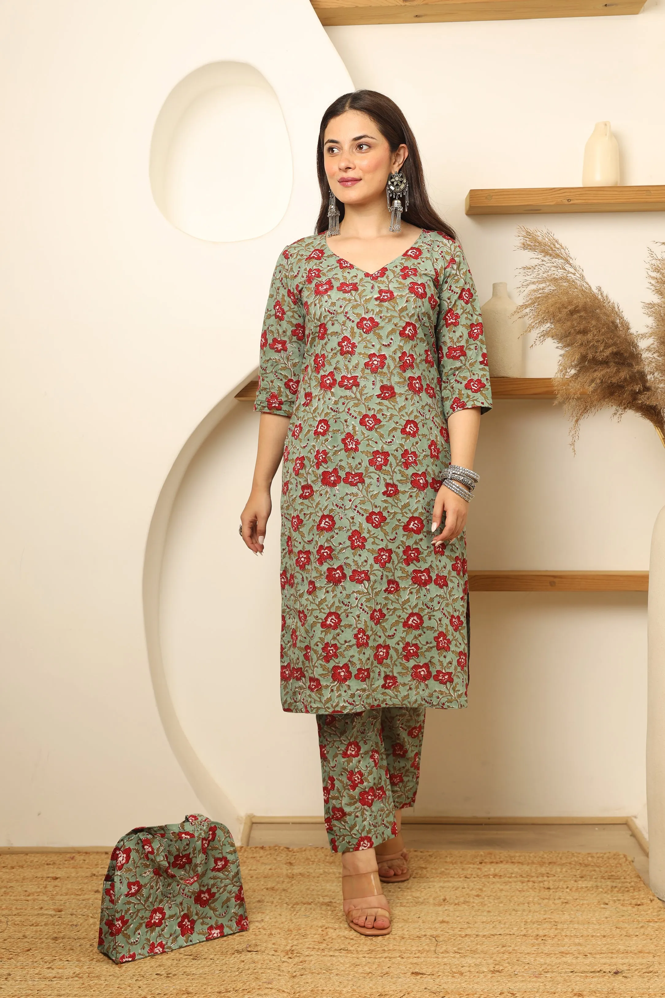 Green Red Flowery Cotton Handblock Print Suit Set