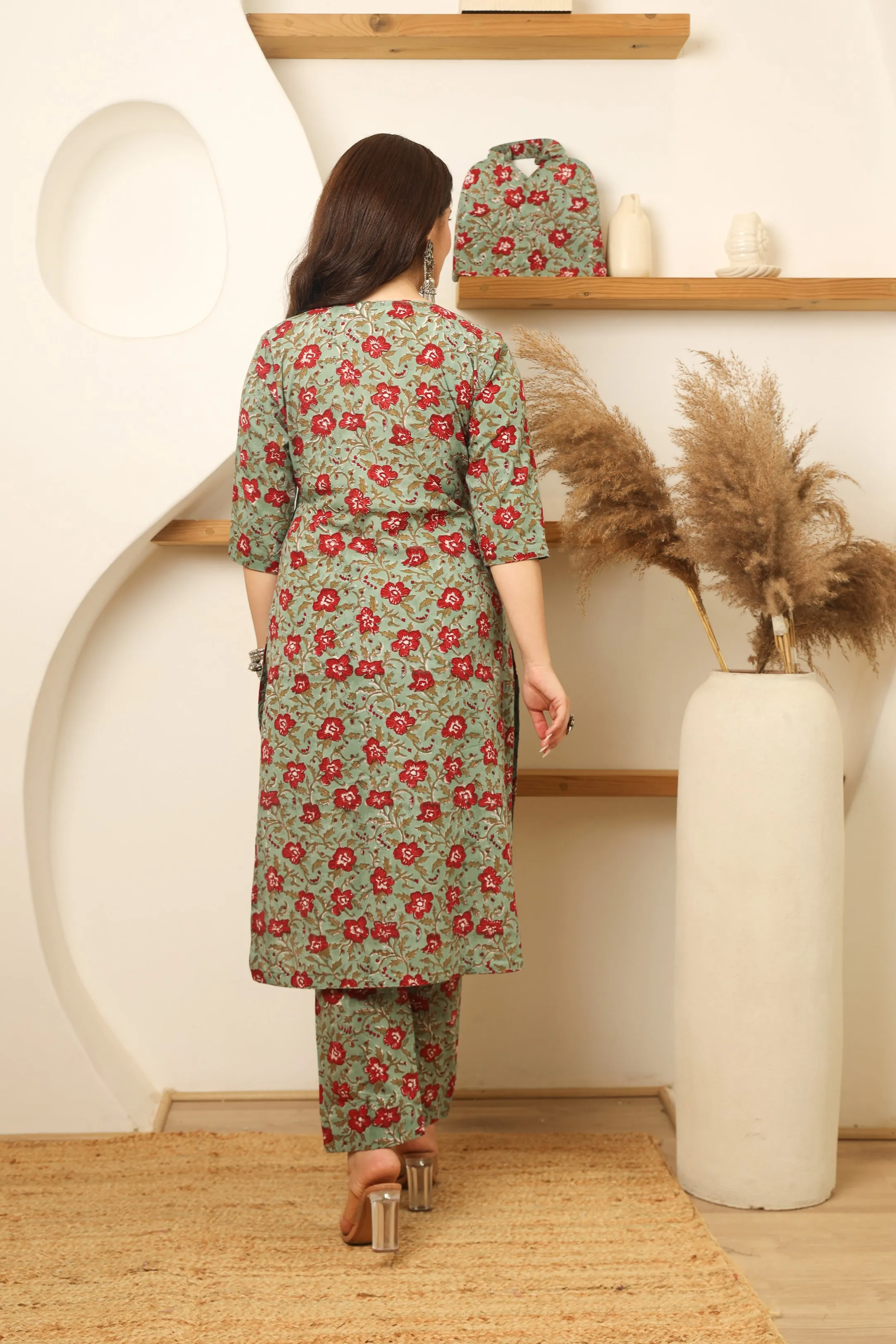 Green Red Flowery Cotton Handblock Print Suit Set