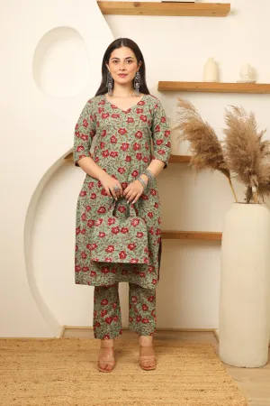 Green Red Flowery Cotton Handblock Print Suit Set