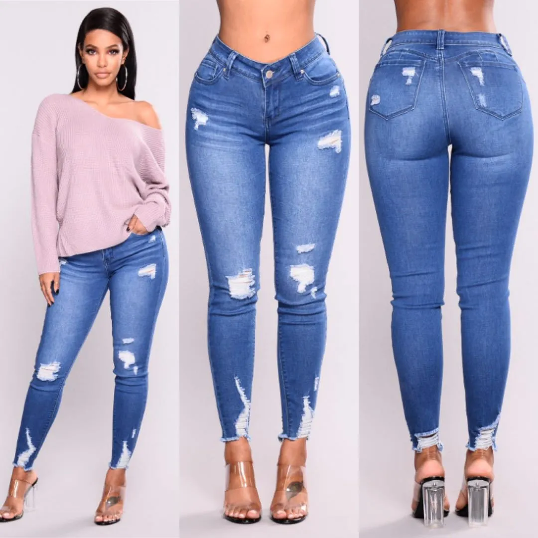 High Waist Push Up  Ripped Stretch Jeans Denim