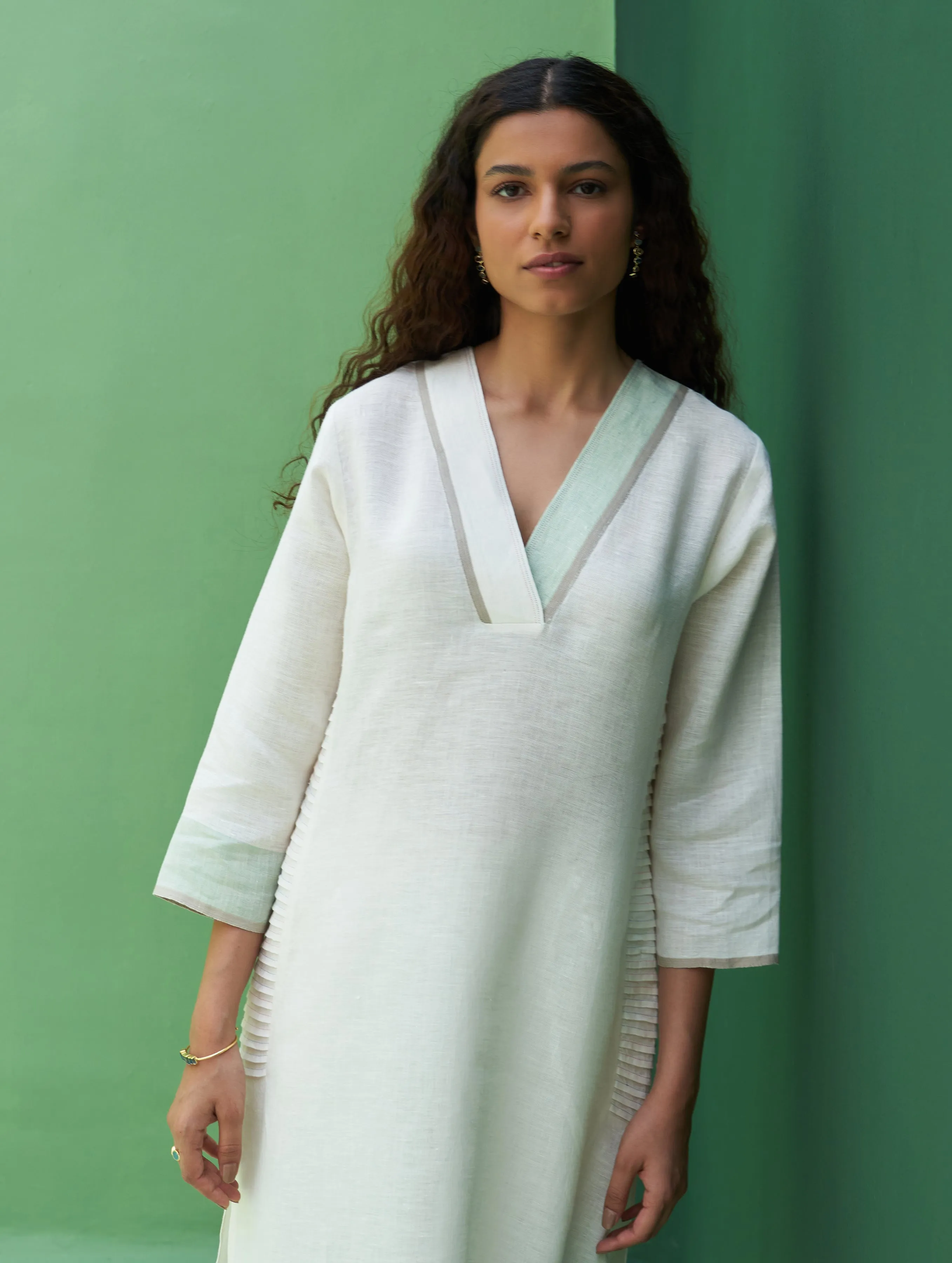 June Border Linen Kurta Set - Ivory