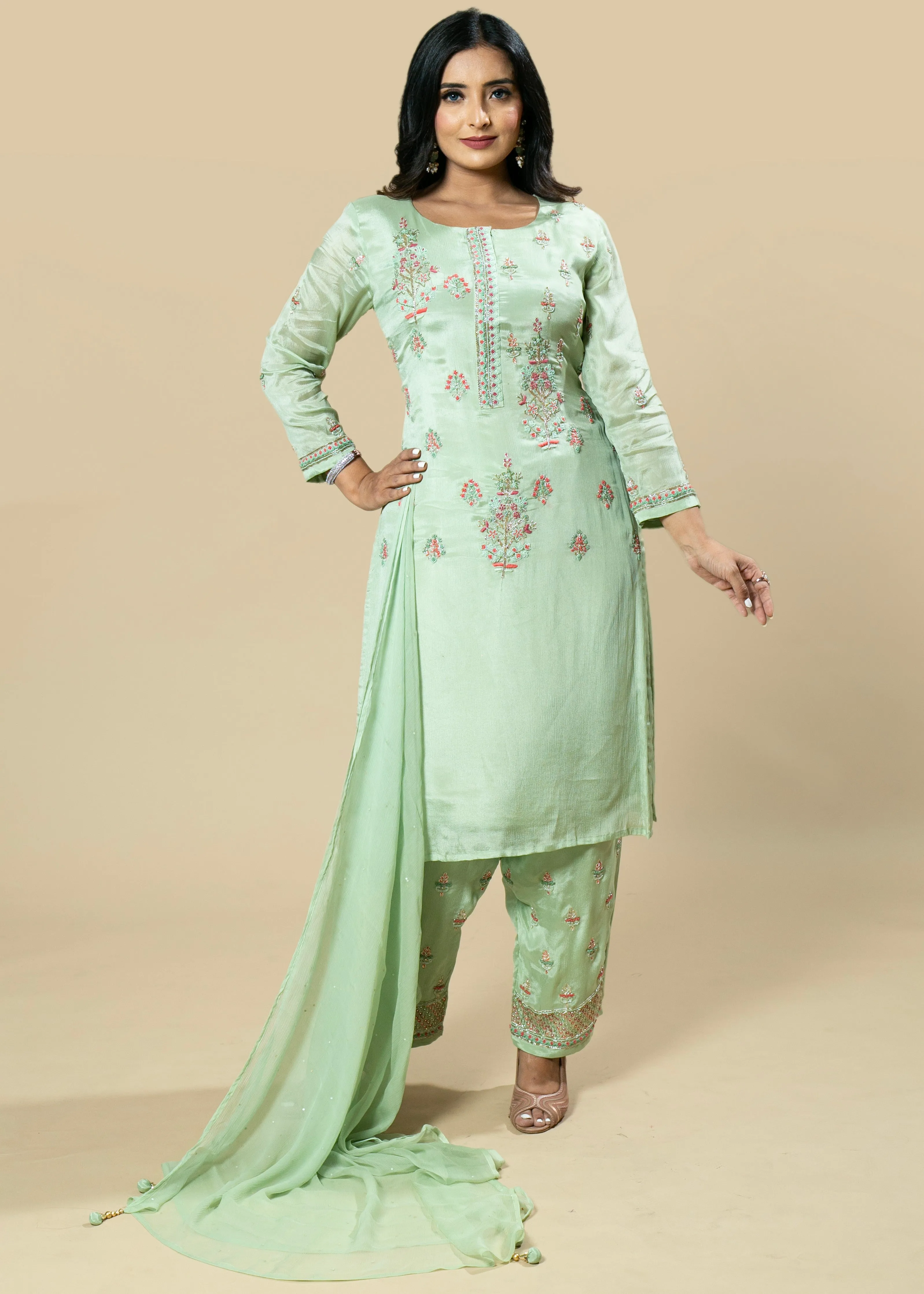 Lime Green Hand Embroidered Chinnon Designer Suit with Chiffon Dupatta