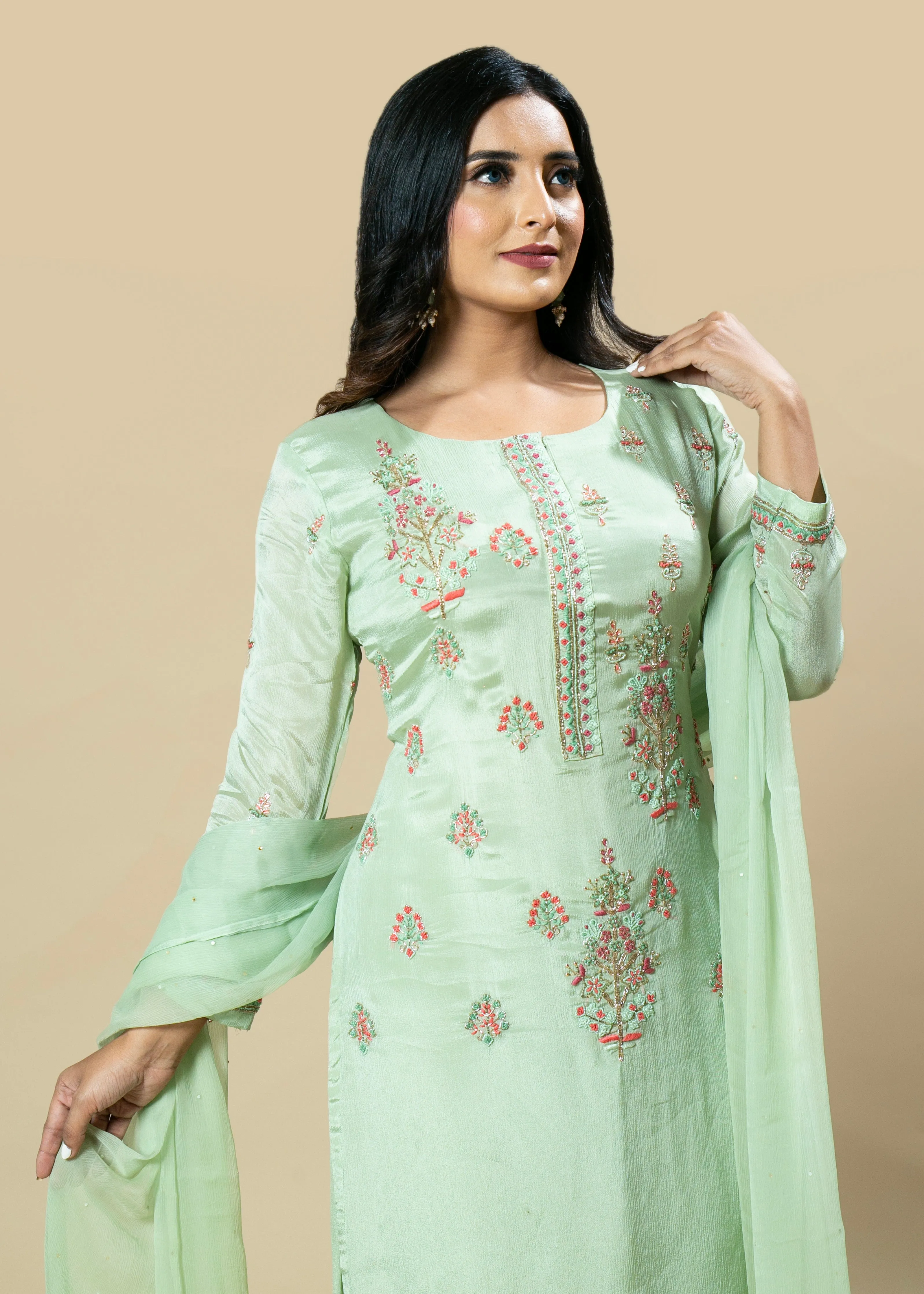 Lime Green Hand Embroidered Chinnon Designer Suit with Chiffon Dupatta