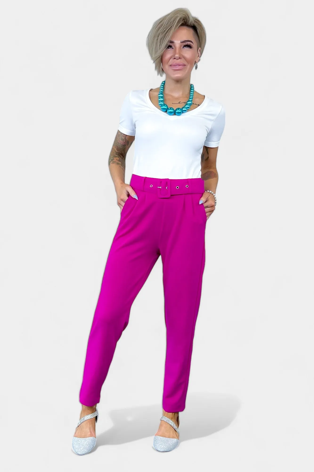 Magenta Belted Stretch Pants