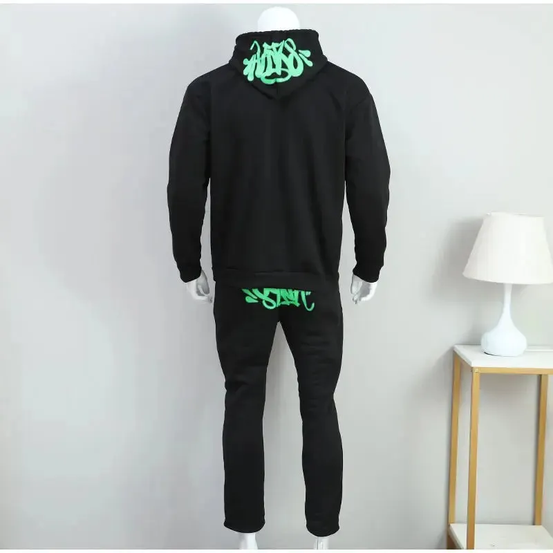 Men Cotton Printed Tracksuit 2PCS Set Hoodies Straight Pants Casual Loose Hip Hop Sports Hooded Pullover Trousers Y2k Streetwear