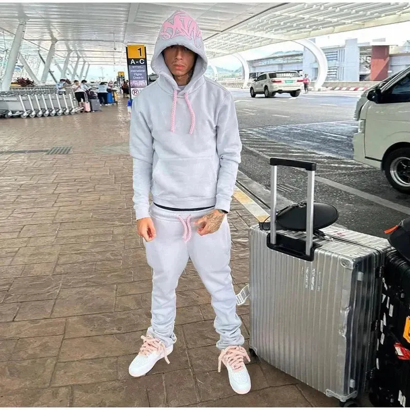 Men Cotton Printed Tracksuit 2PCS Set Hoodies Straight Pants Casual Loose Hip Hop Sports Hooded Pullover Trousers Y2k Streetwear