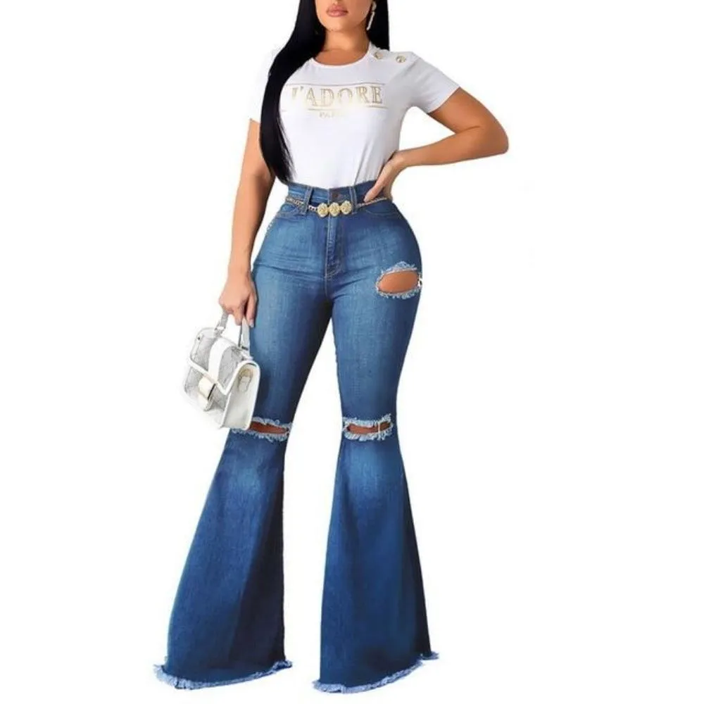 Mid Waist Flare Bell Stretching Wide Leg Denim Jeans