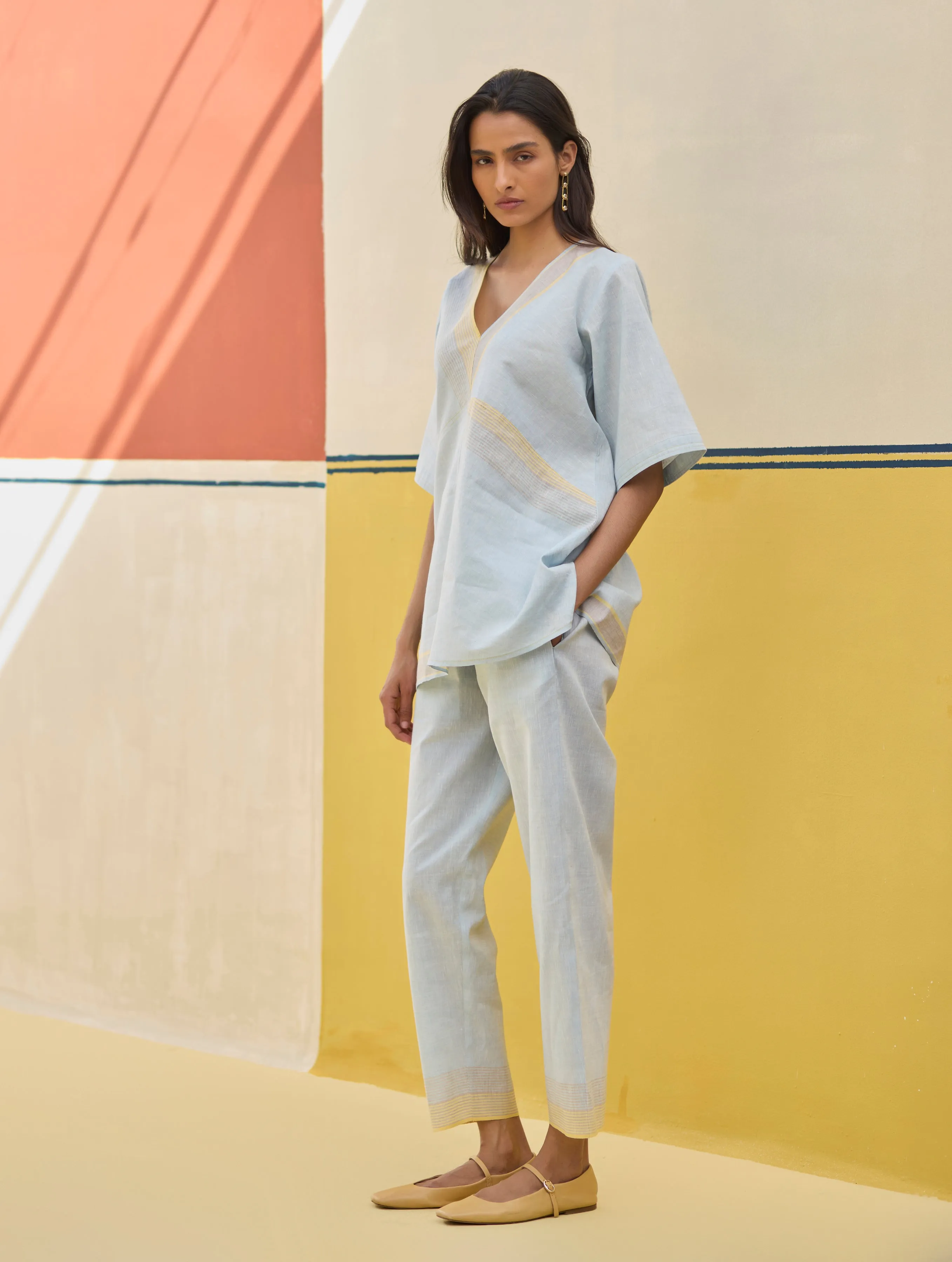 Moriko Border Linen Co-ord Set - Sky