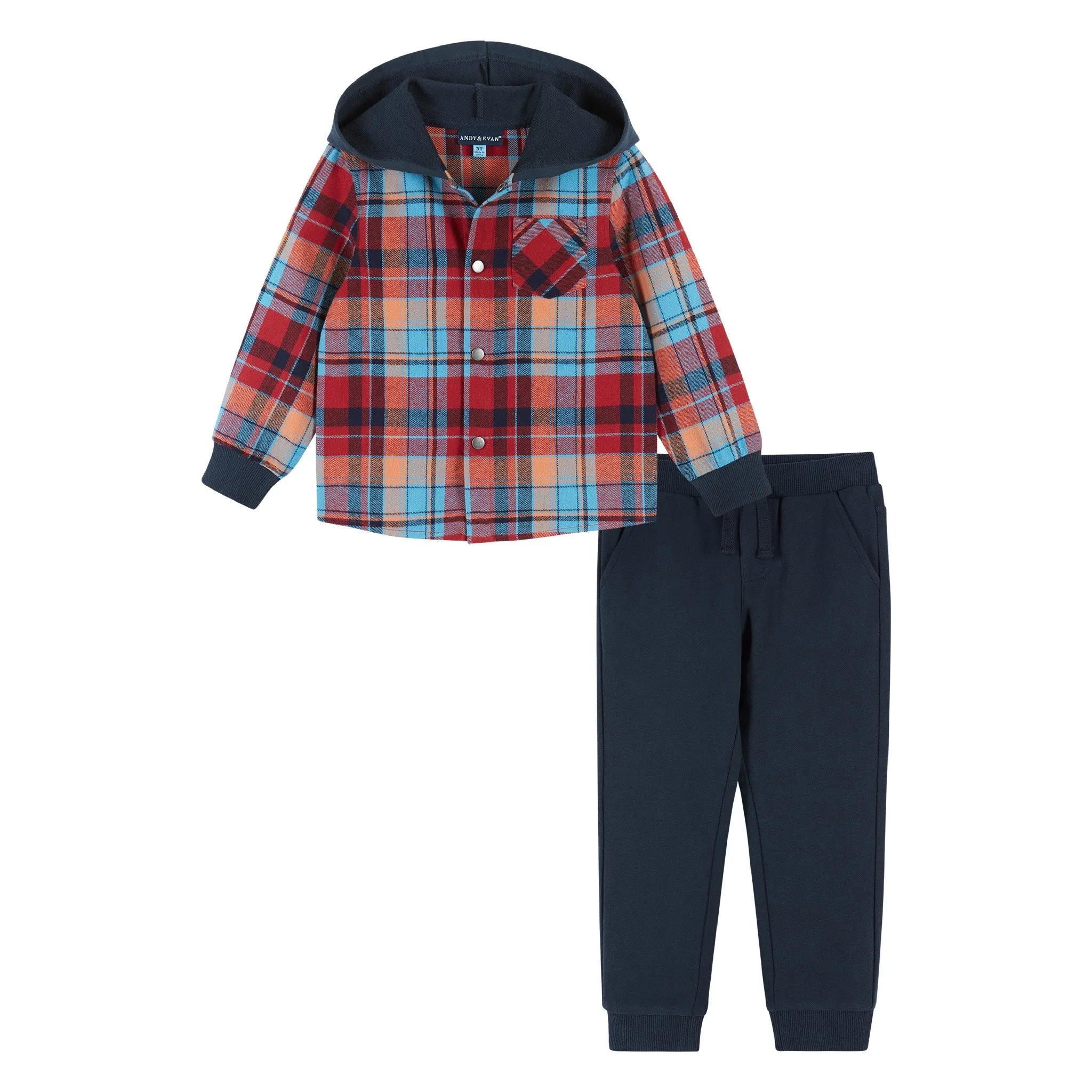 Navy & Red Plaid Hooded Flannel Buttondown Set  | Navy & Red