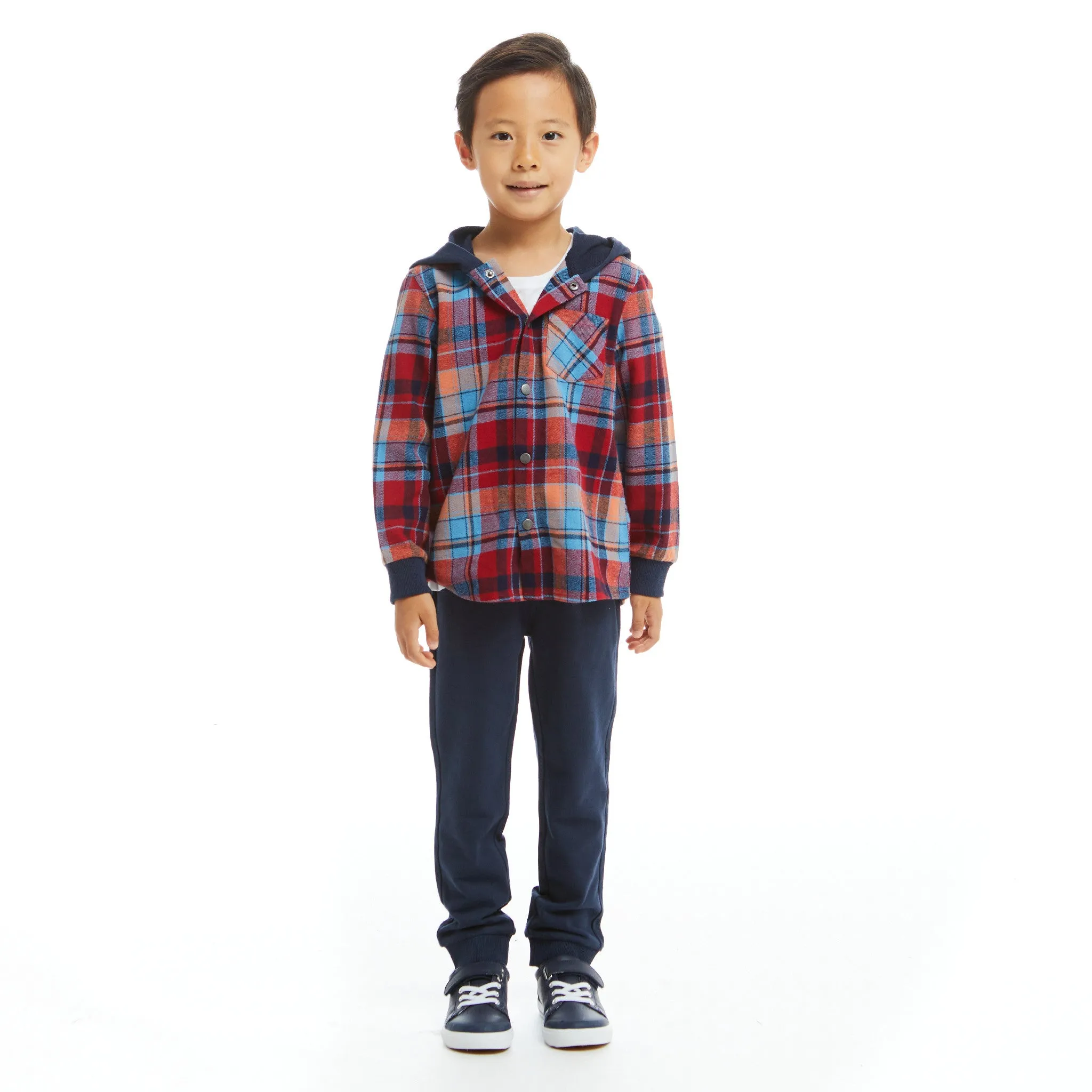 Navy & Red Plaid Hooded Flannel Buttondown Set  | Navy & Red