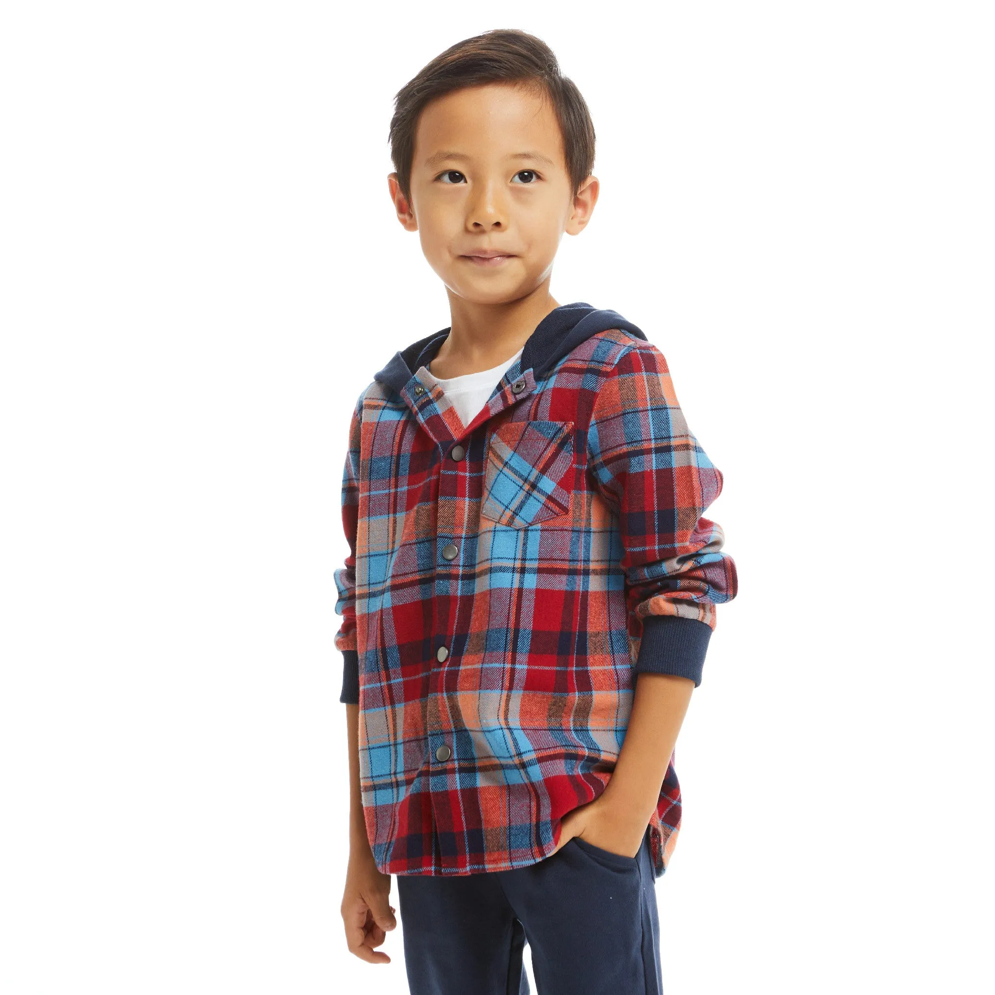 Navy & Red Plaid Hooded Flannel Buttondown Set  | Navy & Red